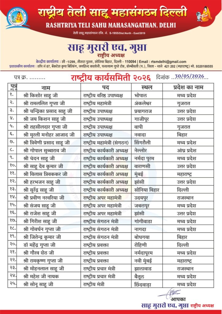 राष्ट्रीय तेली साहू महासंगठन, दिल्ली की राष्ट्रीय कार्यसमिति 2026 घोषित whatsapp image 2026 05 30 at 19.30.03
